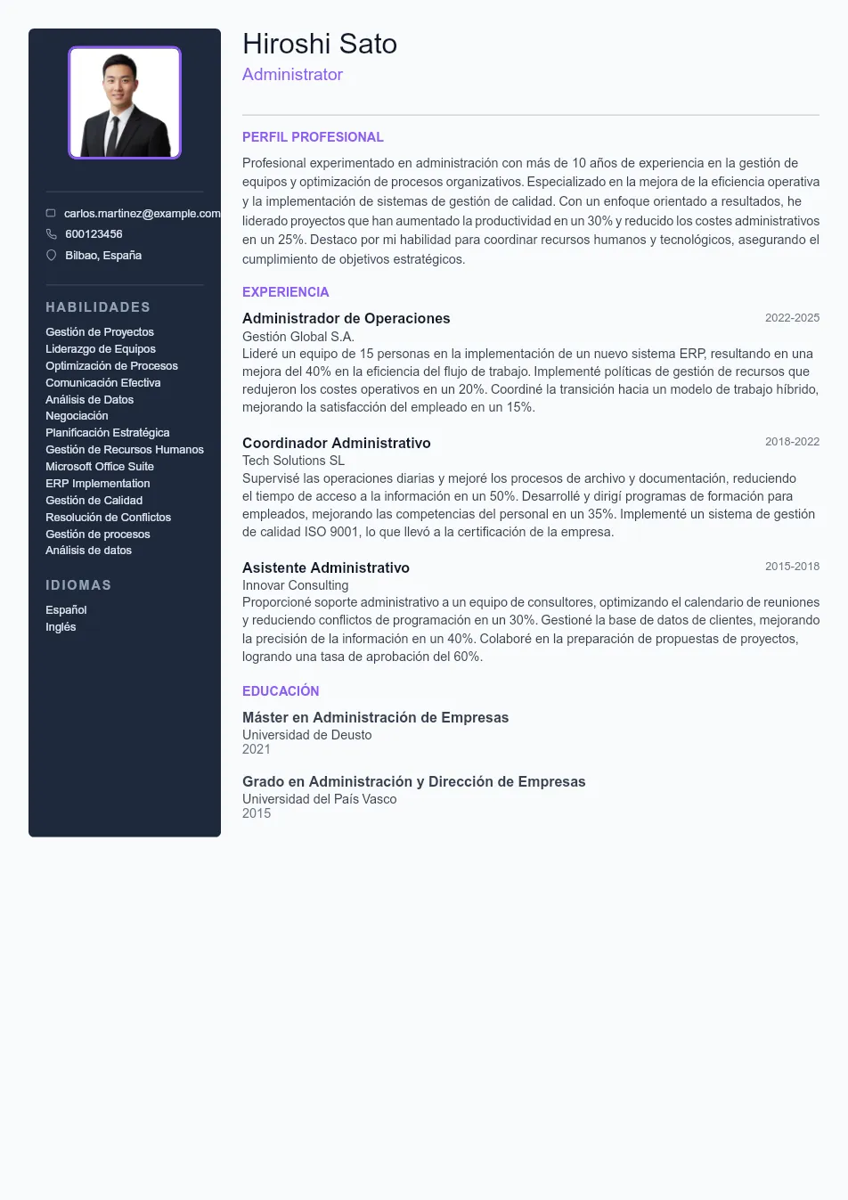 Ejemplo de CV de Administrador/a y guía de CV Example - Professional Resume Template