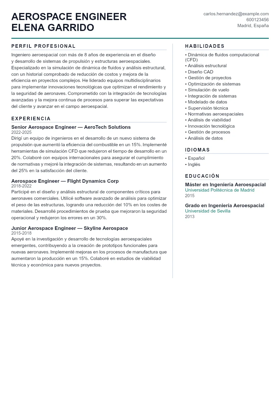 Ejemplo de CV de Aerospace Engineer CV Example - Professional Resume Template