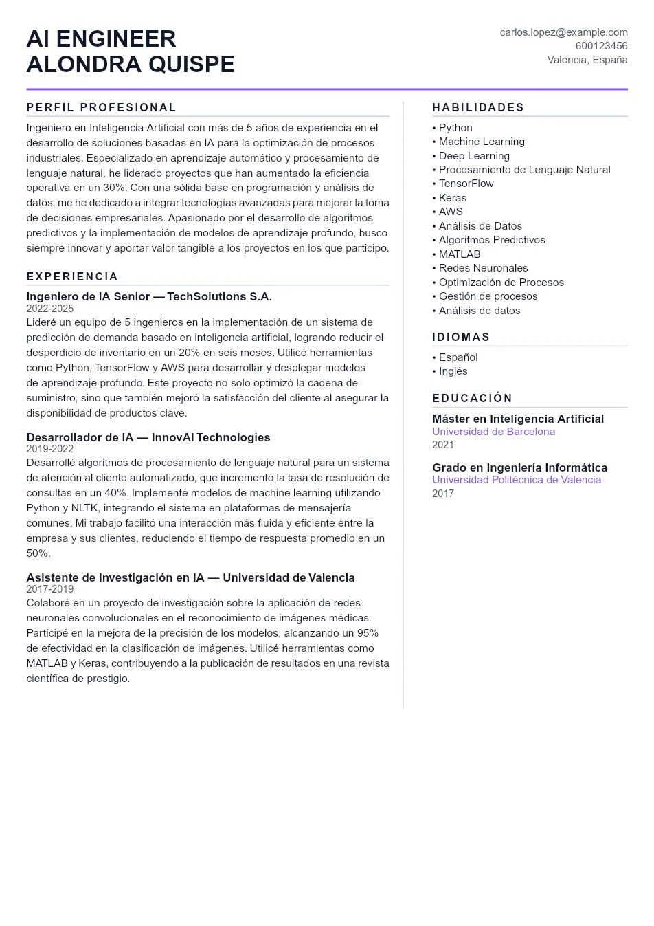 Ejemplo de CV de Ai Engineer CV Example - Professional Resume Template