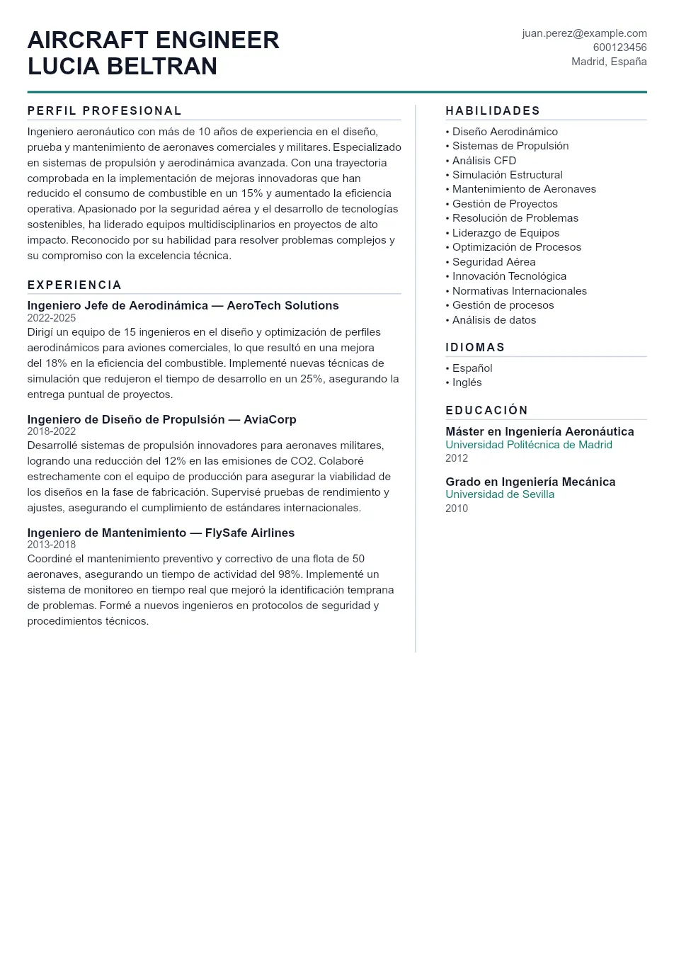 Ejemplo de CV de Aircraft Engineer CV Example - Professional Resume Template