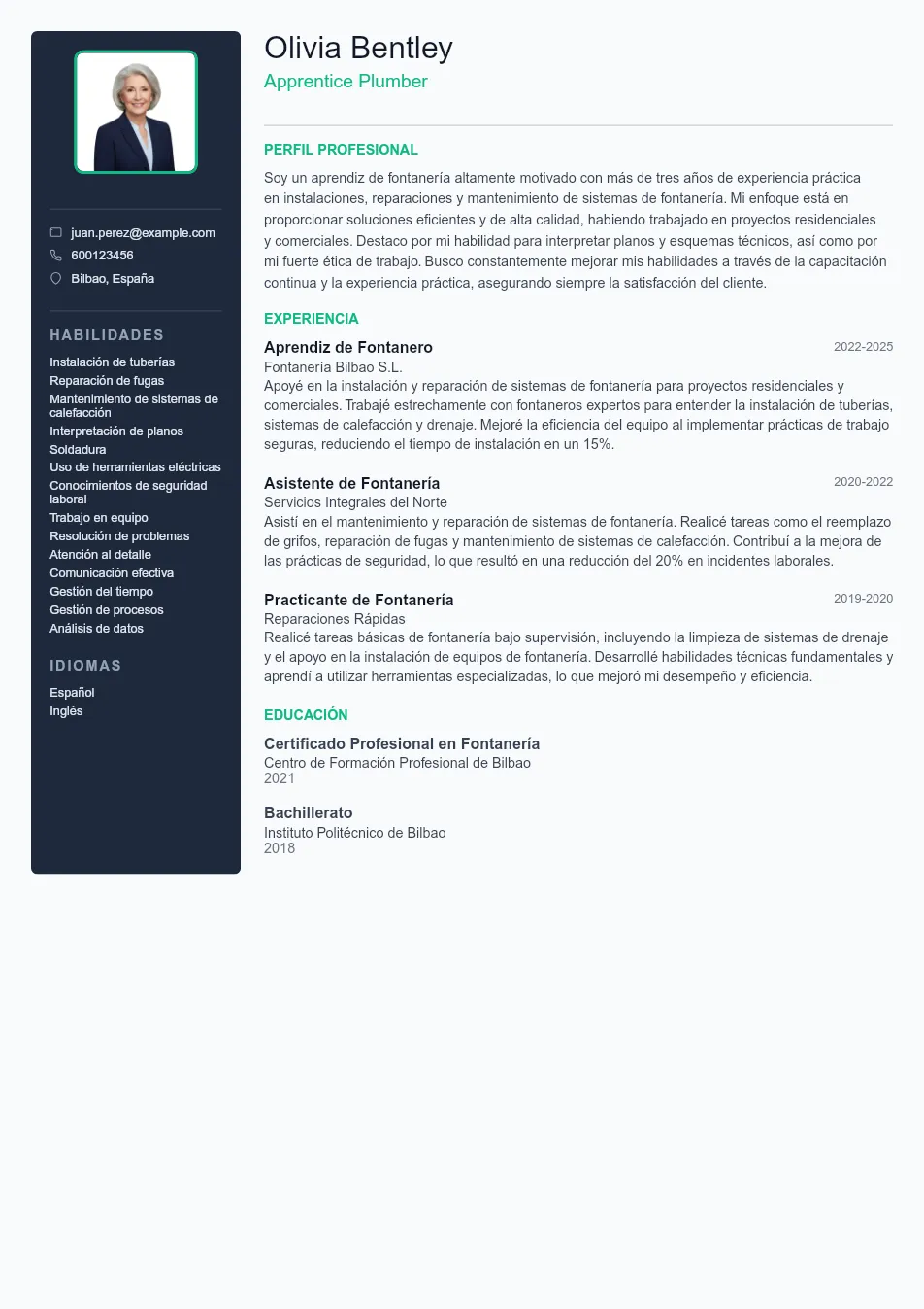 Ejemplo de CV para CV de Apprentice Plumber - Plantilla de currículum profesional