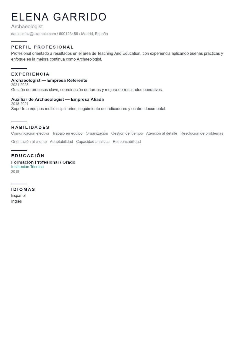 Ejemplo de CV de Archaeologist CV Example - Professional Resume Template