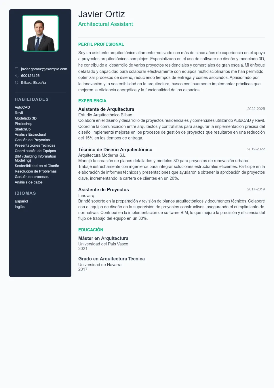 Ejemplo de CV de Architectural Assistant CV Example - Professional Resume Template