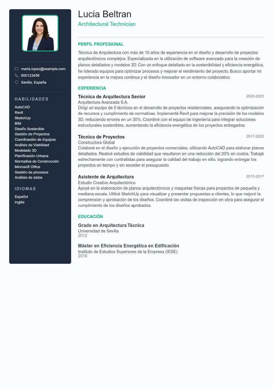 Ejemplo de CV para CV de Architectural Technician - Plantilla de currículum profesional