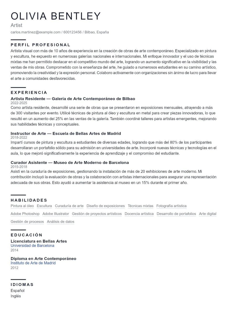 Ejemplo de CV para CV para Artista - Plantilla de currículum profesional