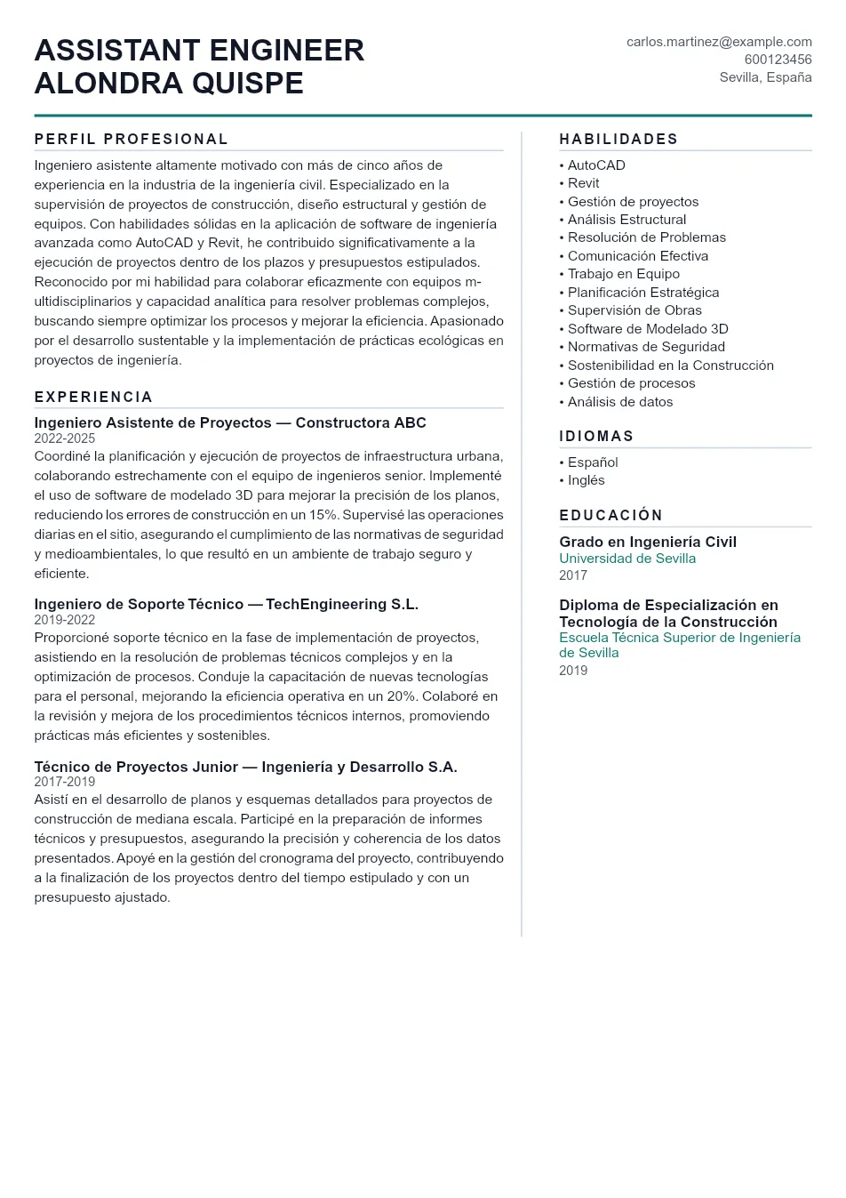 Ejemplo de CV para CV de Assistant Engineer - Plantilla de currículum profesional