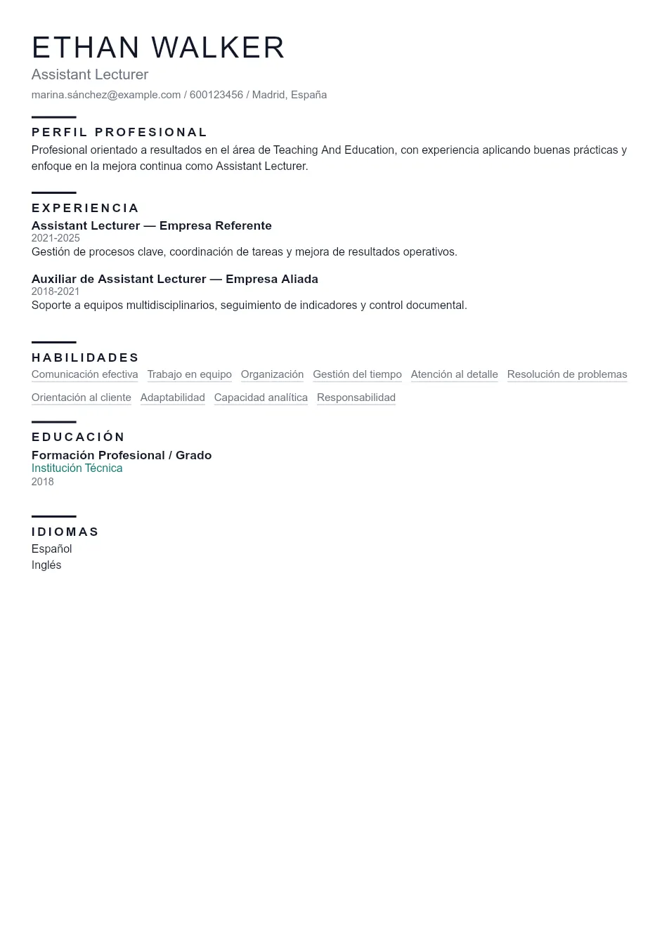 Ejemplo de CV de Assistant Lecturer CV Example - Professional Resume Template