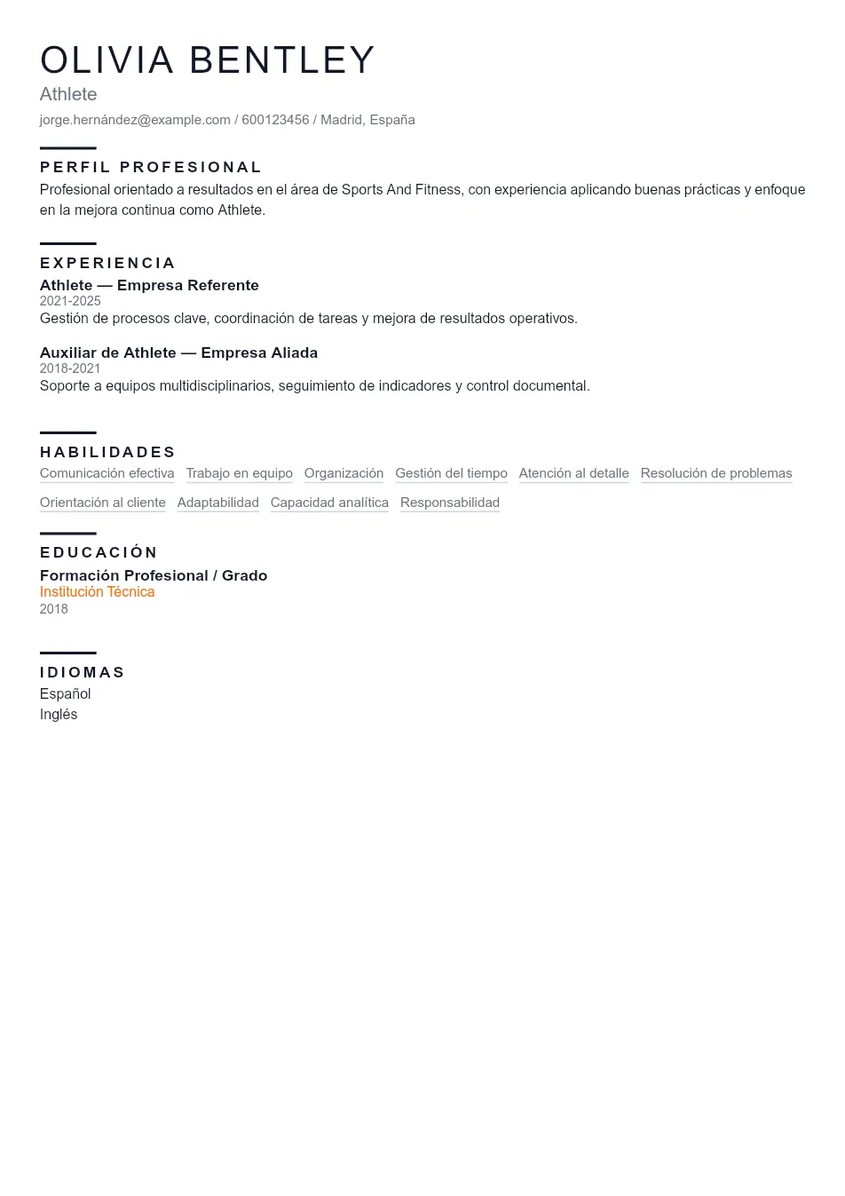 Ejemplo de CV de Athlete CV Example - Professional Resume Template