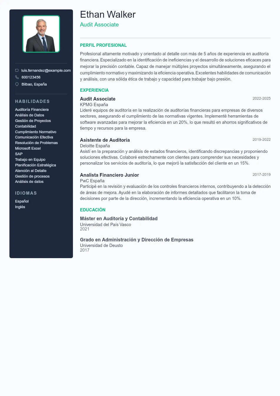 Ejemplo de CV para Asociado de Auditoría - Plantilla de currículum profesional