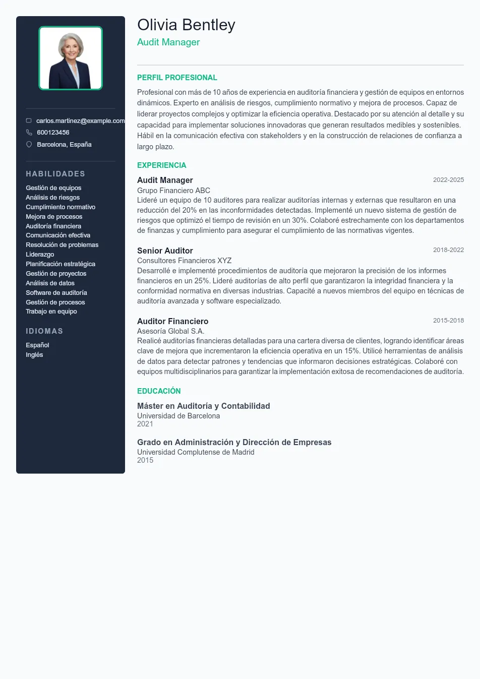 Ejemplo de CV de Audit Manager CV Example - Professional Resume Template