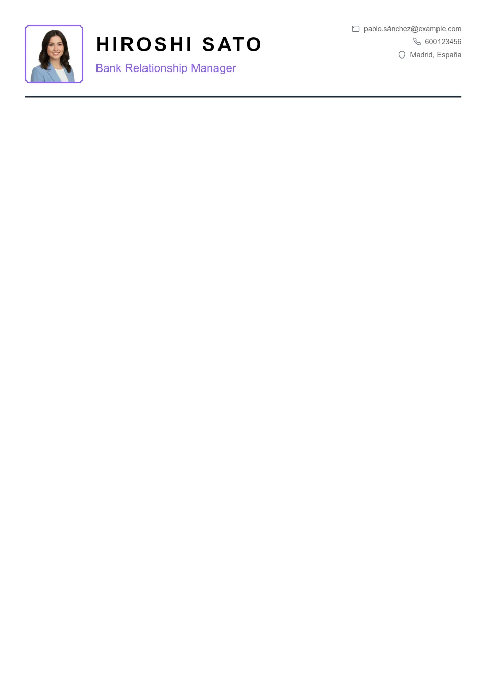 Ejemplo de CV para Ejemplo de CV de Bank Relationship Manager - Plantilla de currículum profesional