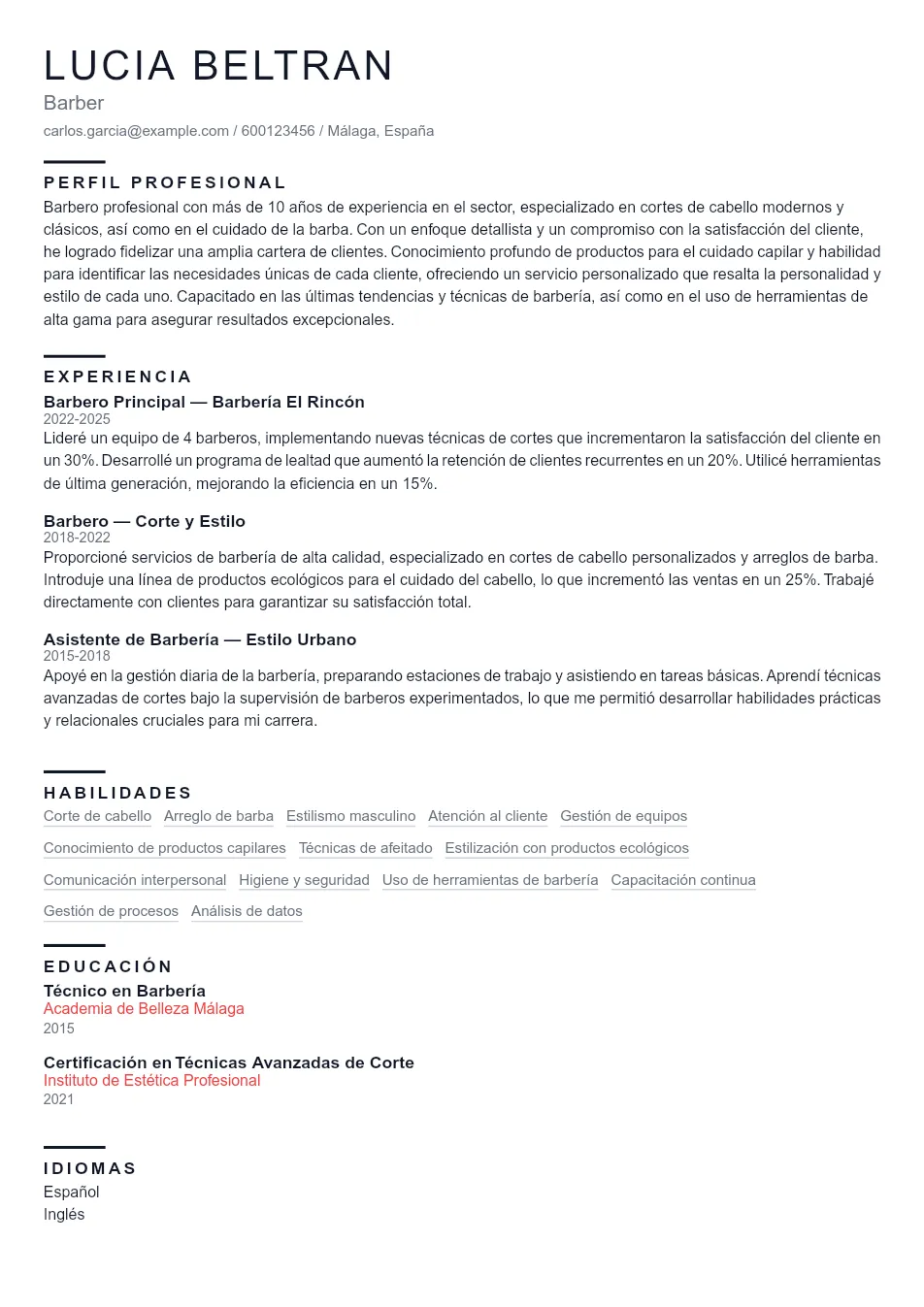 Ejemplo de CV de Barbero/a y guía de escri CV Example - Professional Resume Template