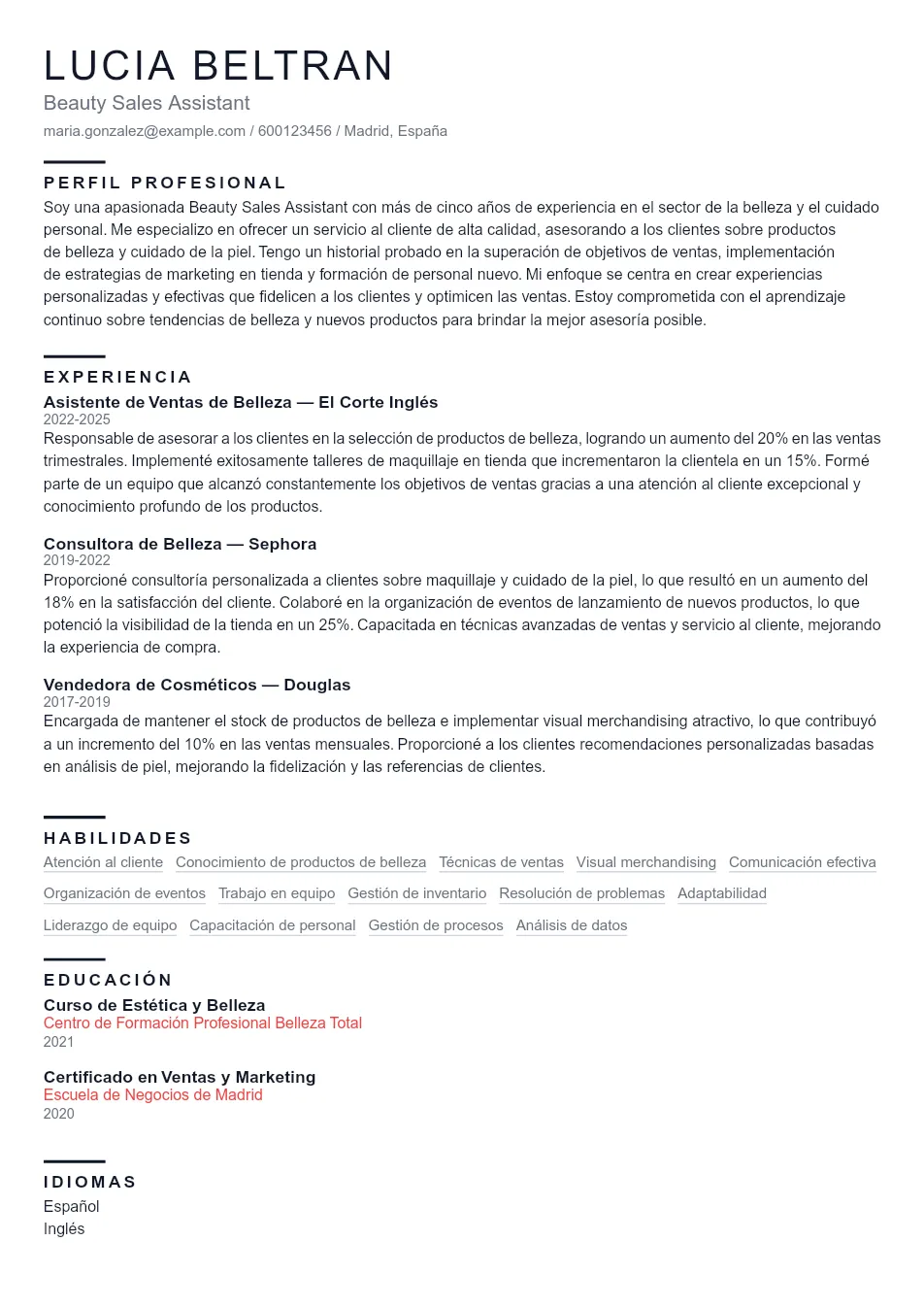 Ejemplo de CV de Asistente de ventas de be CV Example - Professional Resume Template