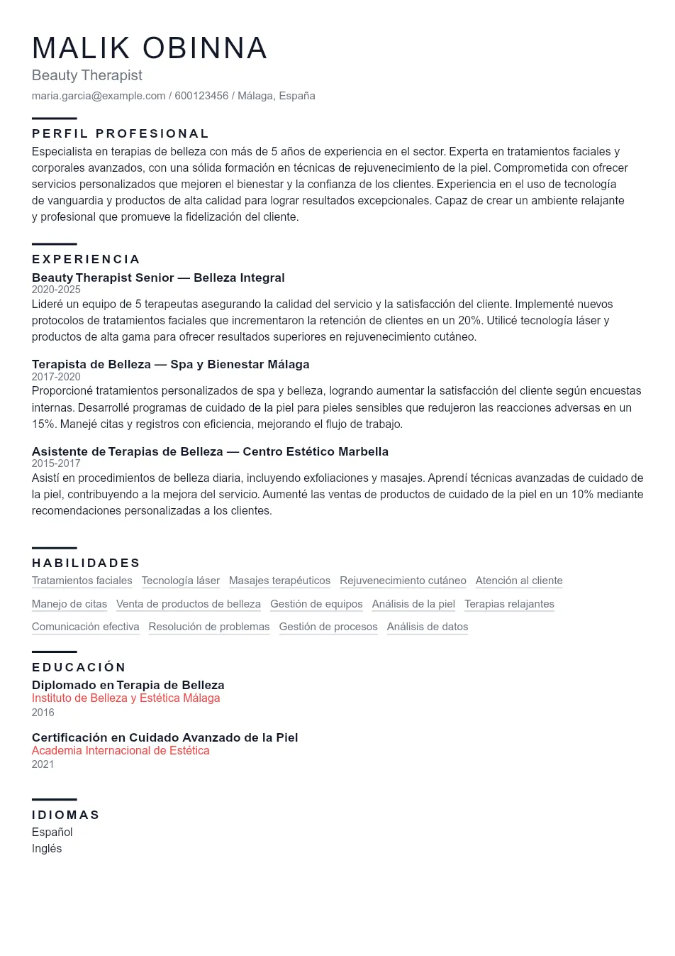 Ejemplo de CV de Terapeuta de belleza y gu CV Example - Professional Resume Template