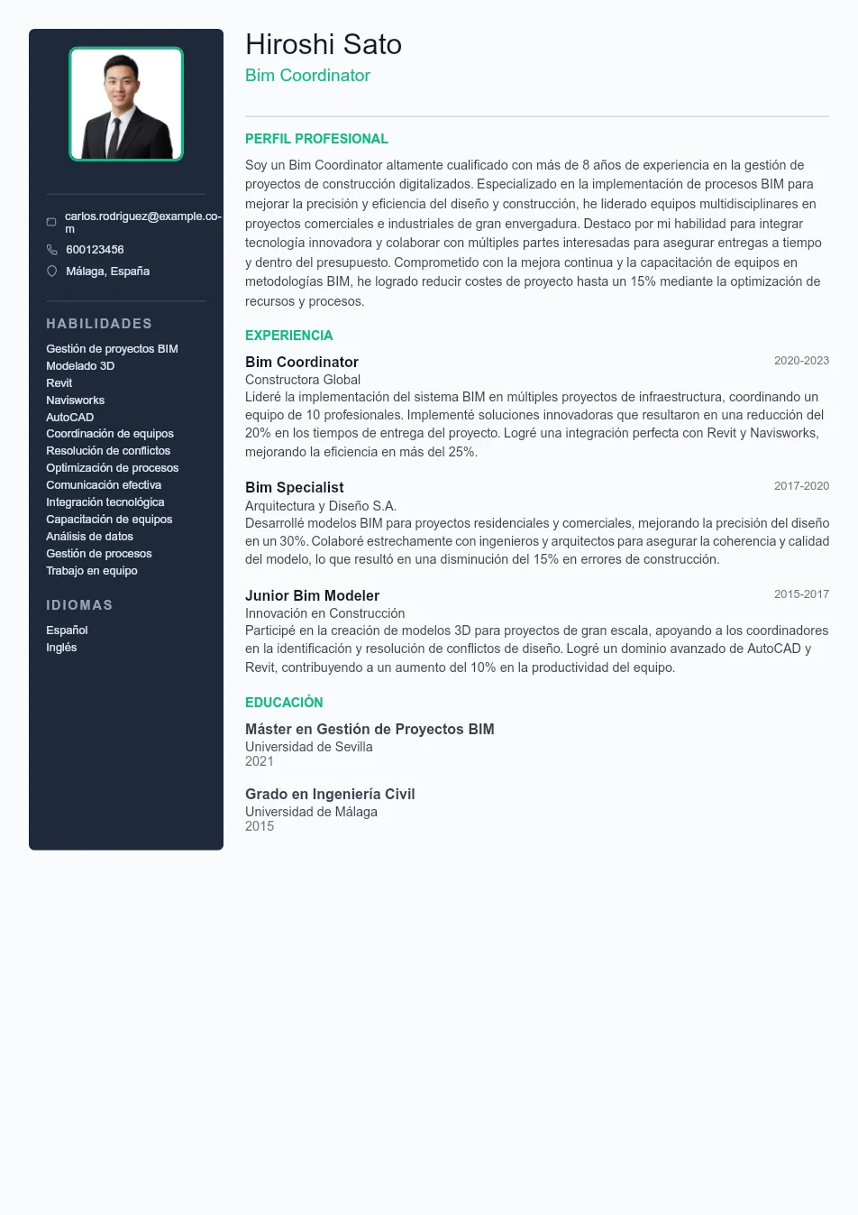 Ejemplo de CV para CV de BIM Coordinator - Plantilla de currículum profesional