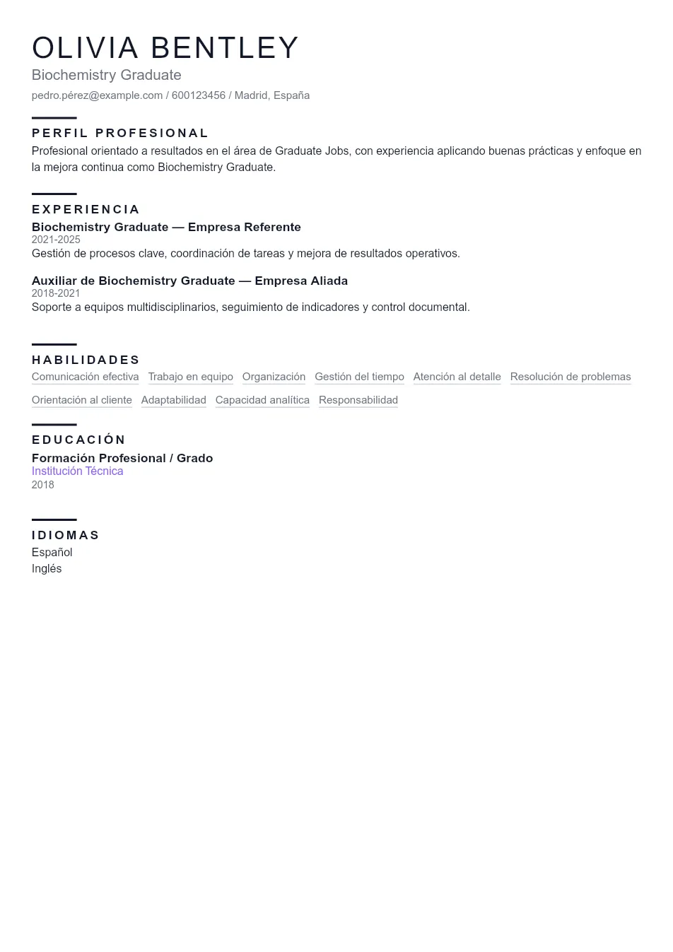 Ejemplo de CV de Biochemistry Graduate CV Example - Professional Resume Template