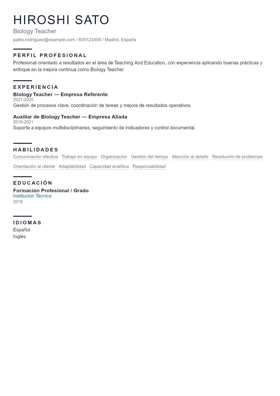 Ejemplo de CV para CV de Profesor de Biología - Plantilla de currículum profesional