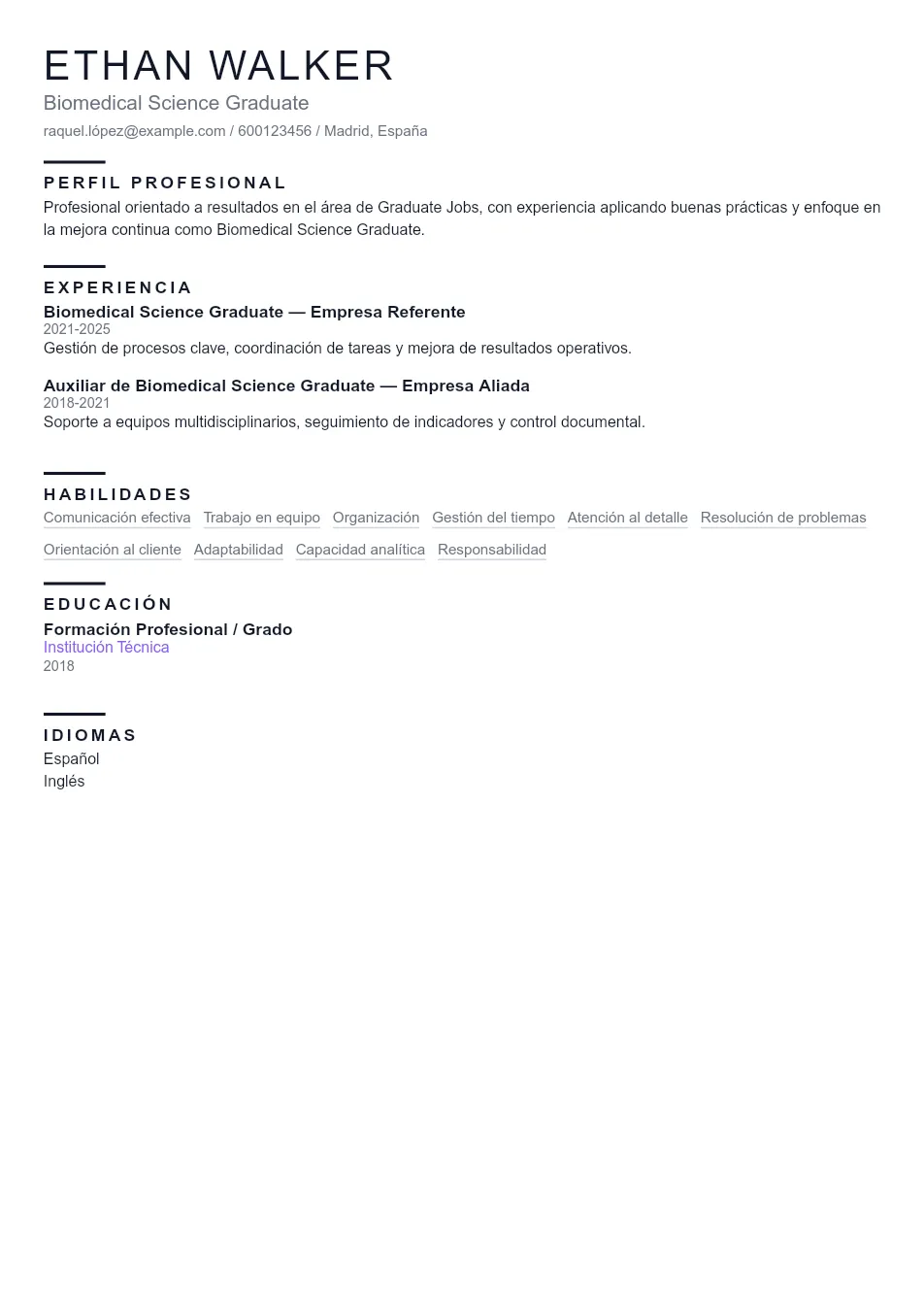 Ejemplo de CV de Biomedical Science Gradua CV Example - Professional Resume Template