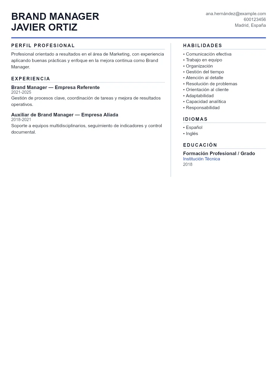 Ejemplo de CV de Brand Manager CV Example - Professional Resume Template