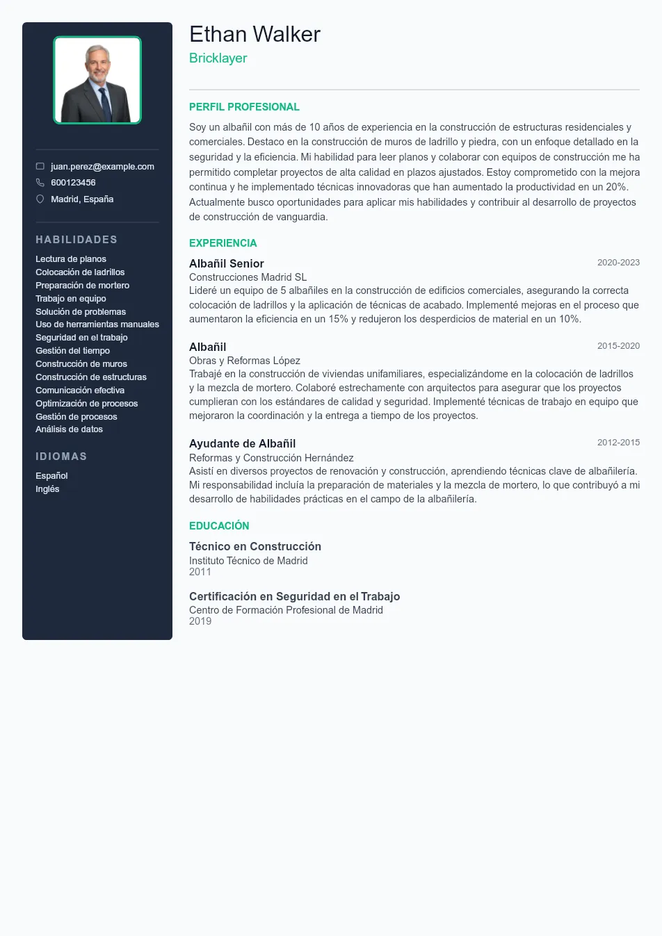 Ejemplo de CV para CV de Albañil (Bricklayer) - Plantilla de currículum profesional