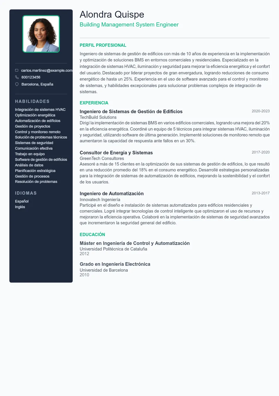 Ejemplo de CV para CV de Building Management System Engineer - Plantilla de currículum profesional