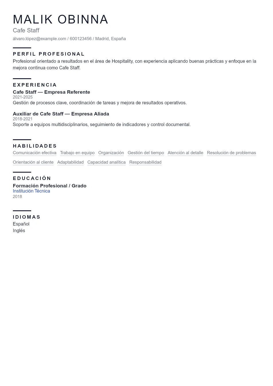 Ejemplo de CV de Cafe Staff CV Example - Professional Resume Template