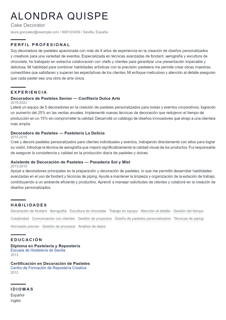 Ejemplo de CV de Cake Decorator CV Example - Professional Resume Template