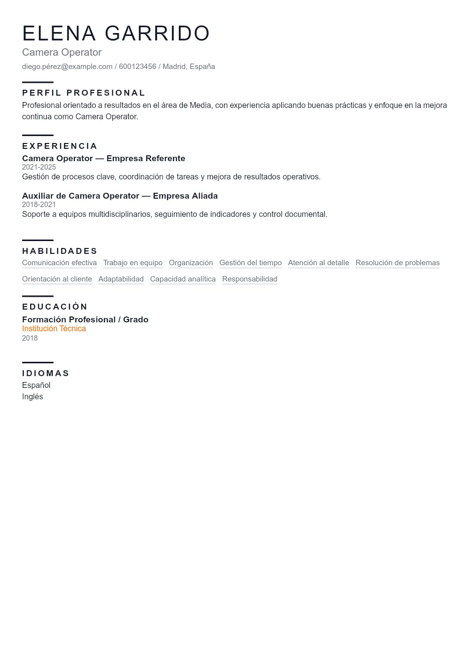 Ejemplo de CV para Ejemplo de CV de Operador de Cámara - Plantilla de currículum profesional