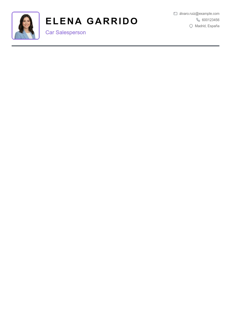 Ejemplo de CV de Car Salesperson CV Example - Professional Resume Template