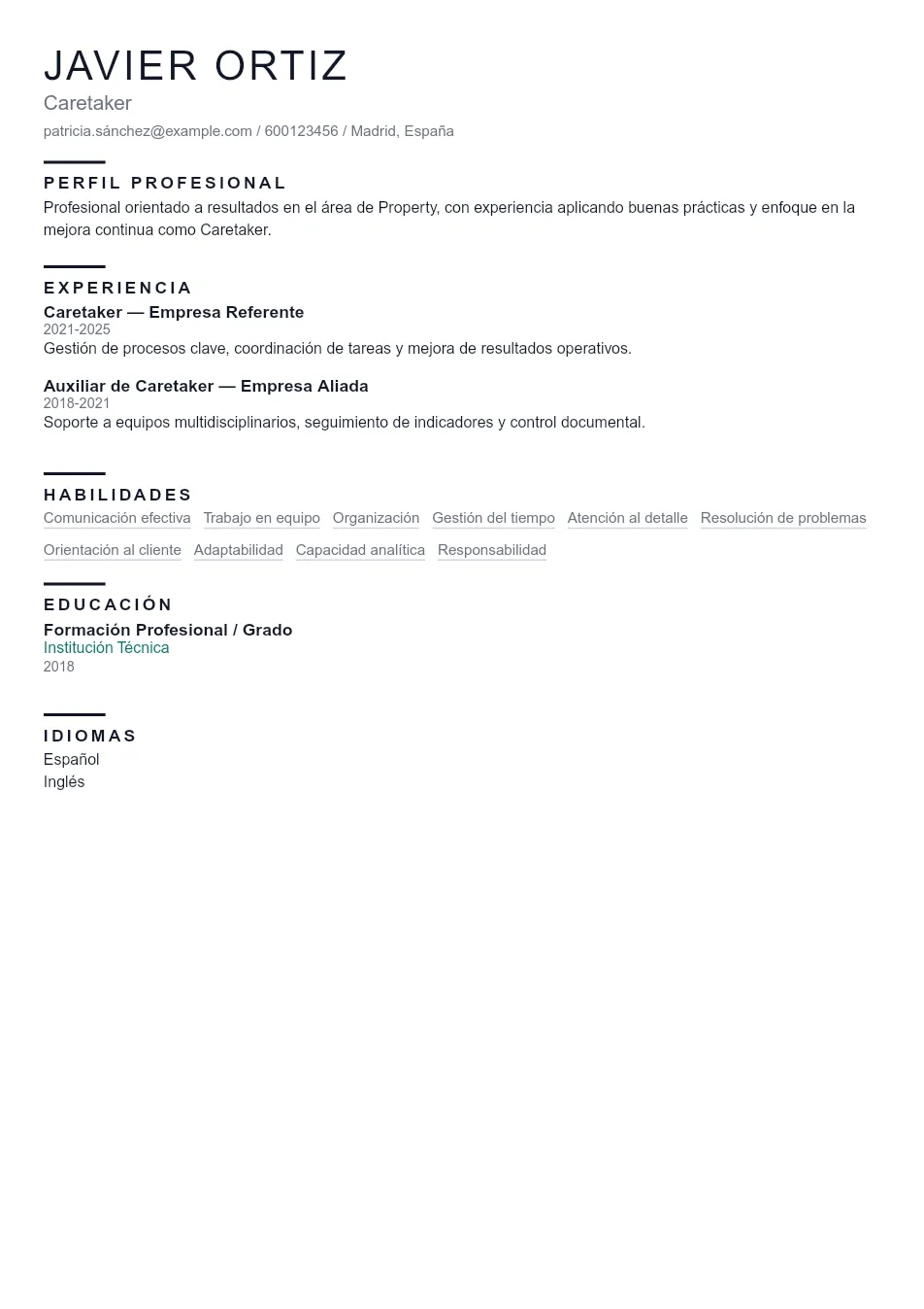 Ejemplo de CV de Caretaker CV Example - Professional Resume Template