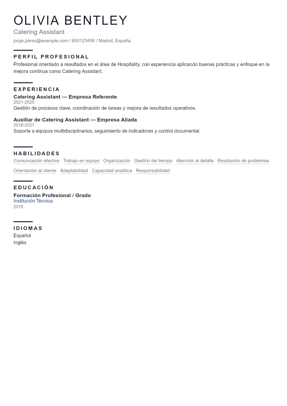 Ejemplo de CV de Catering Assistant CV Example - Professional Resume Template