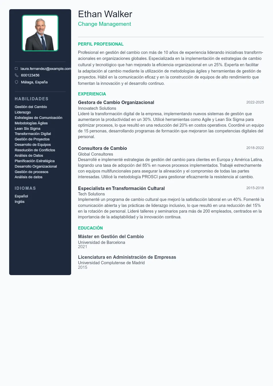 Ejemplo de CV de Change Management CV Example - Professional Resume Template