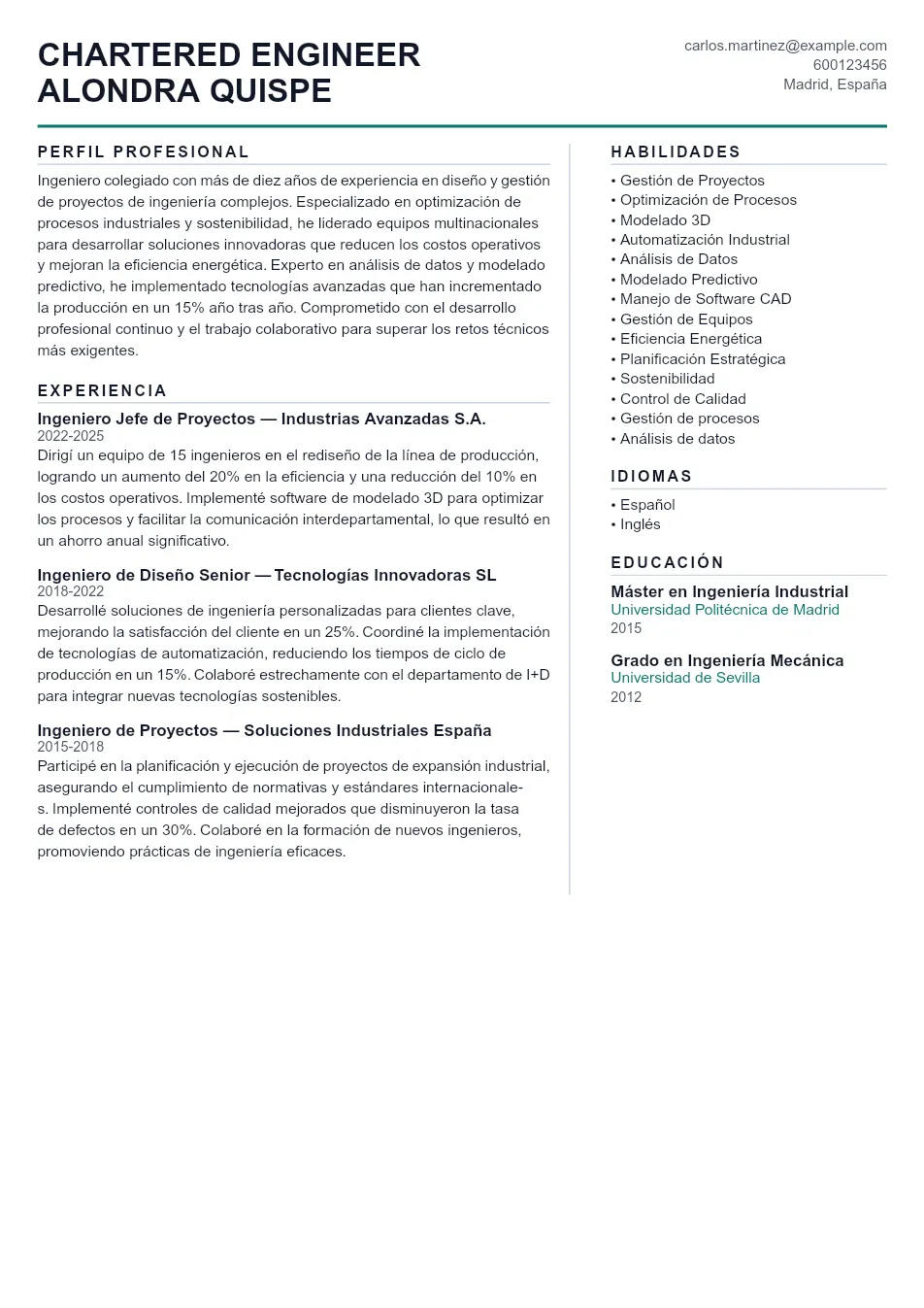 Ejemplo de CV para CV de Chartered Engineer - Plantilla de currículum profesional