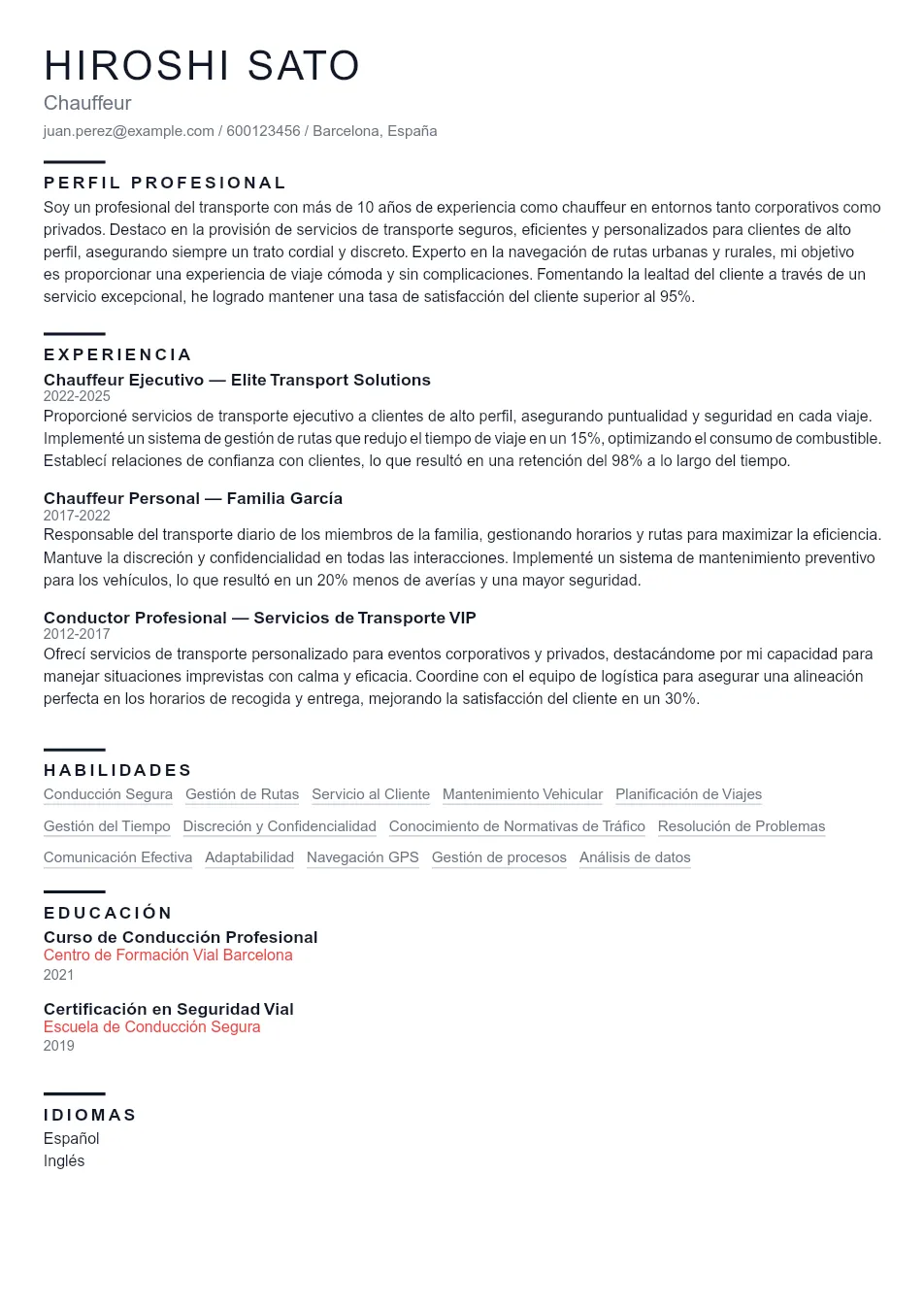 Ejemplo de CV de Chauffeur CV Example - Professional Resume Template
