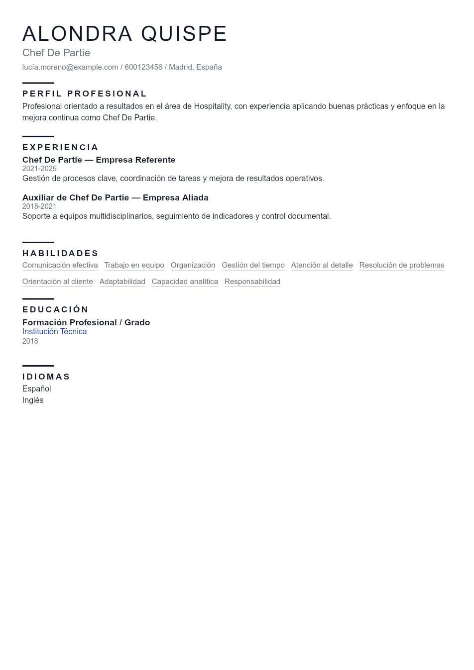 Ejemplo de CV de Chef De Partie CV Example - Professional Resume Template