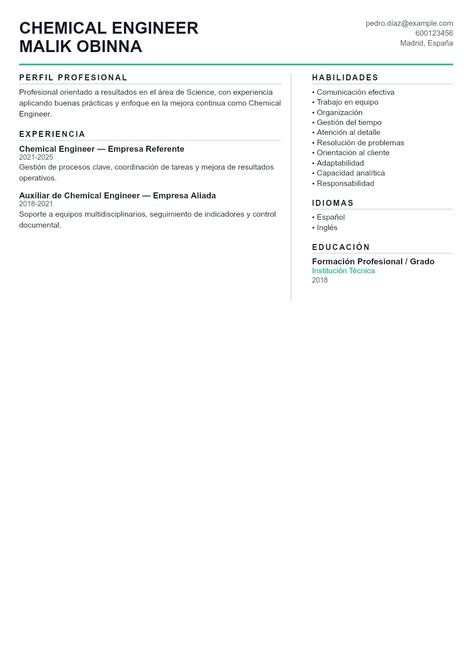 Ejemplo de CV de Chemical Engineer CV Example - Professional Resume Template