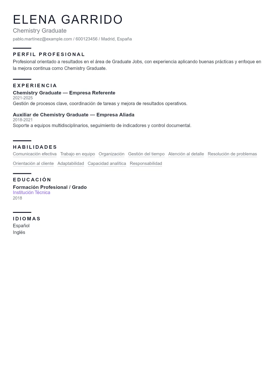 Ejemplo de CV de Chemistry Graduate CV Example - Professional Resume Template