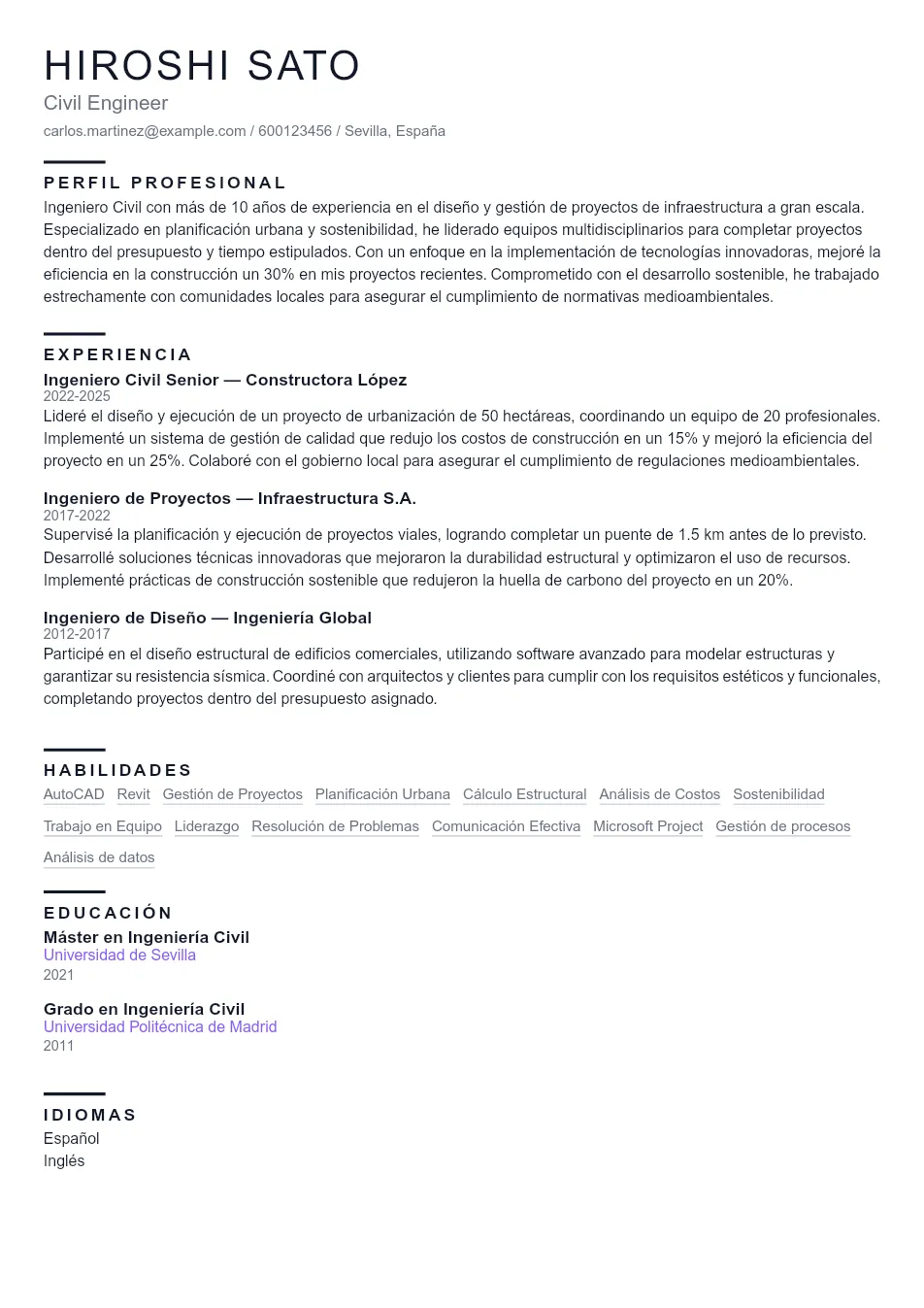Ejemplo de CV de Civil Engineer CV Example - Professional Resume Template