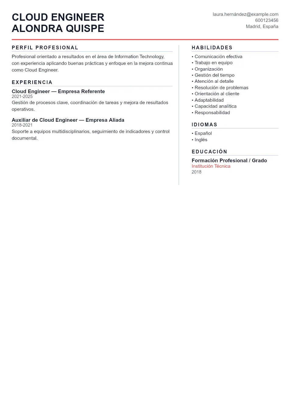 Ejemplo de CV para CV de Cloud Engineer - Plantilla de currículum profesional