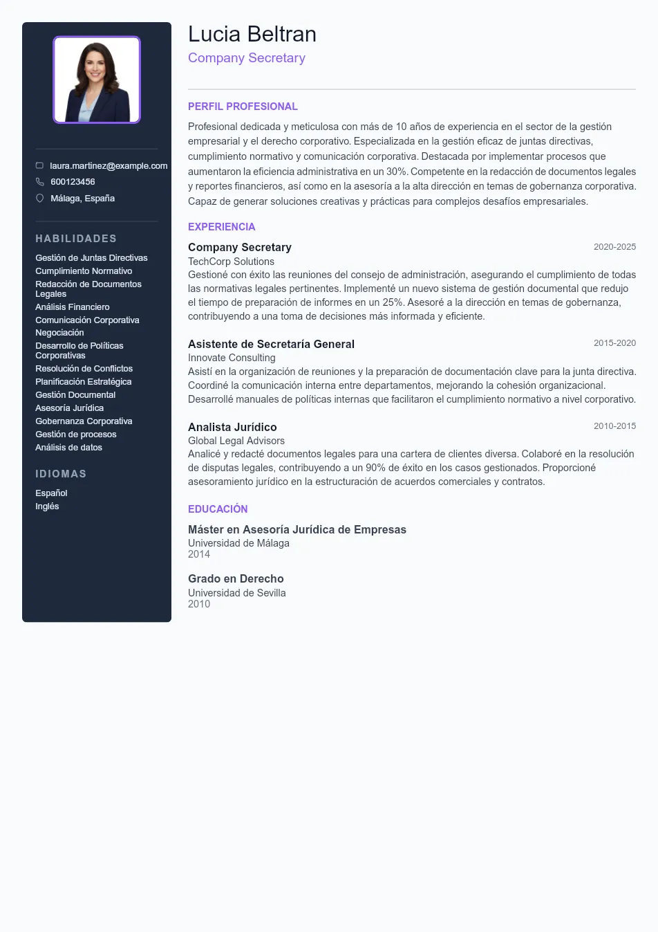 Ejemplo de CV de Company Secretary CV Example - Professional Resume Template