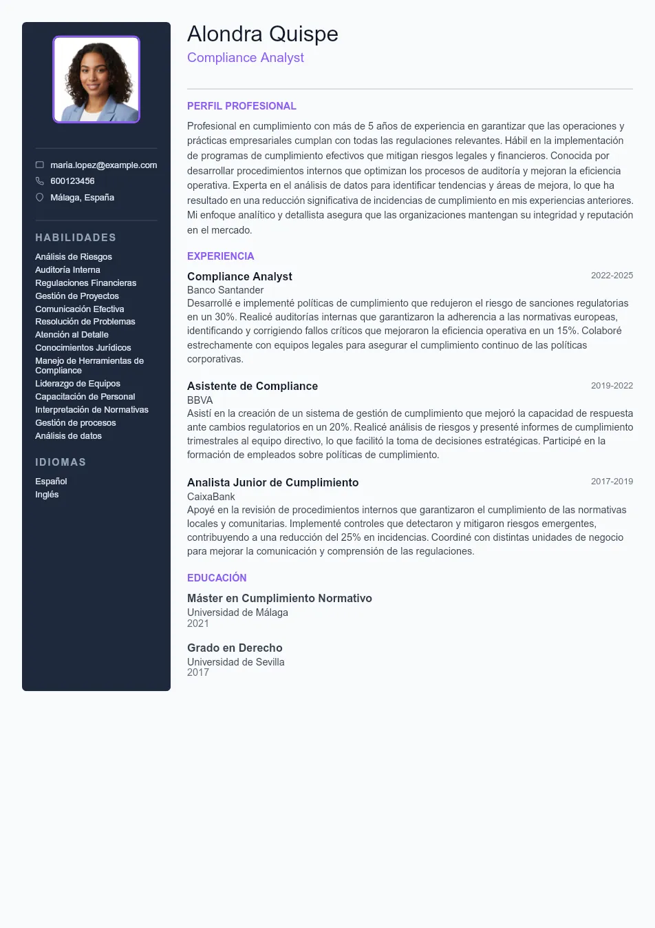 Ejemplo de CV de Compliance Analyst CV Example - Professional Resume Template