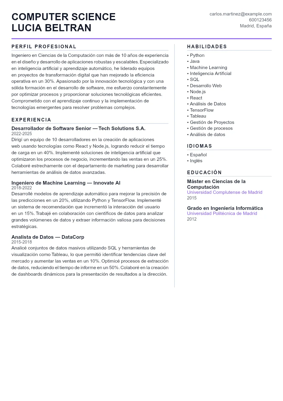 Ejemplo de CV para CV de Computer Science - Plantilla de currículum profesional