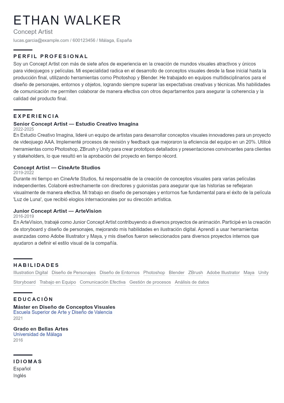 Ejemplo de CV para CV de Concept Artist - Plantilla de currículum profesional