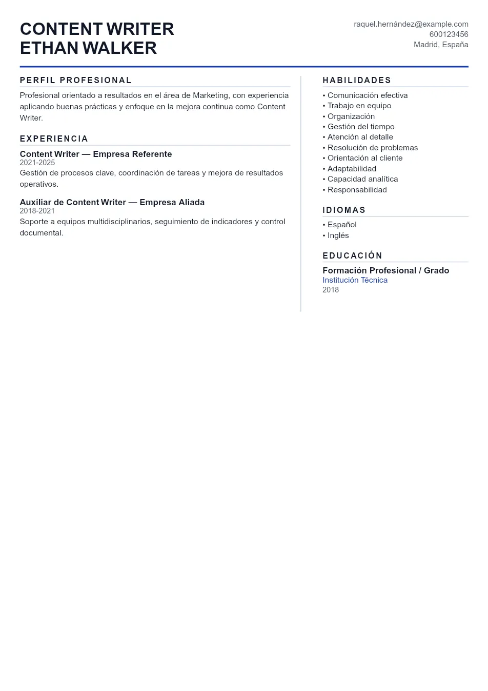 Ejemplo de CV de Content Writer CV Example - Professional Resume Template