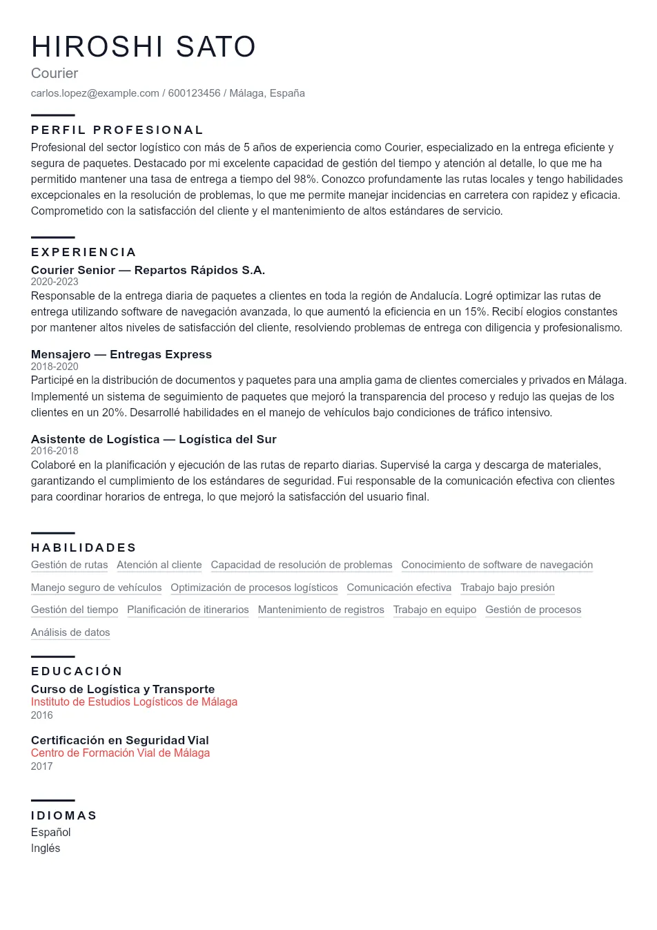 Ejemplo de CV de Courier CV Example - Professional Resume Template