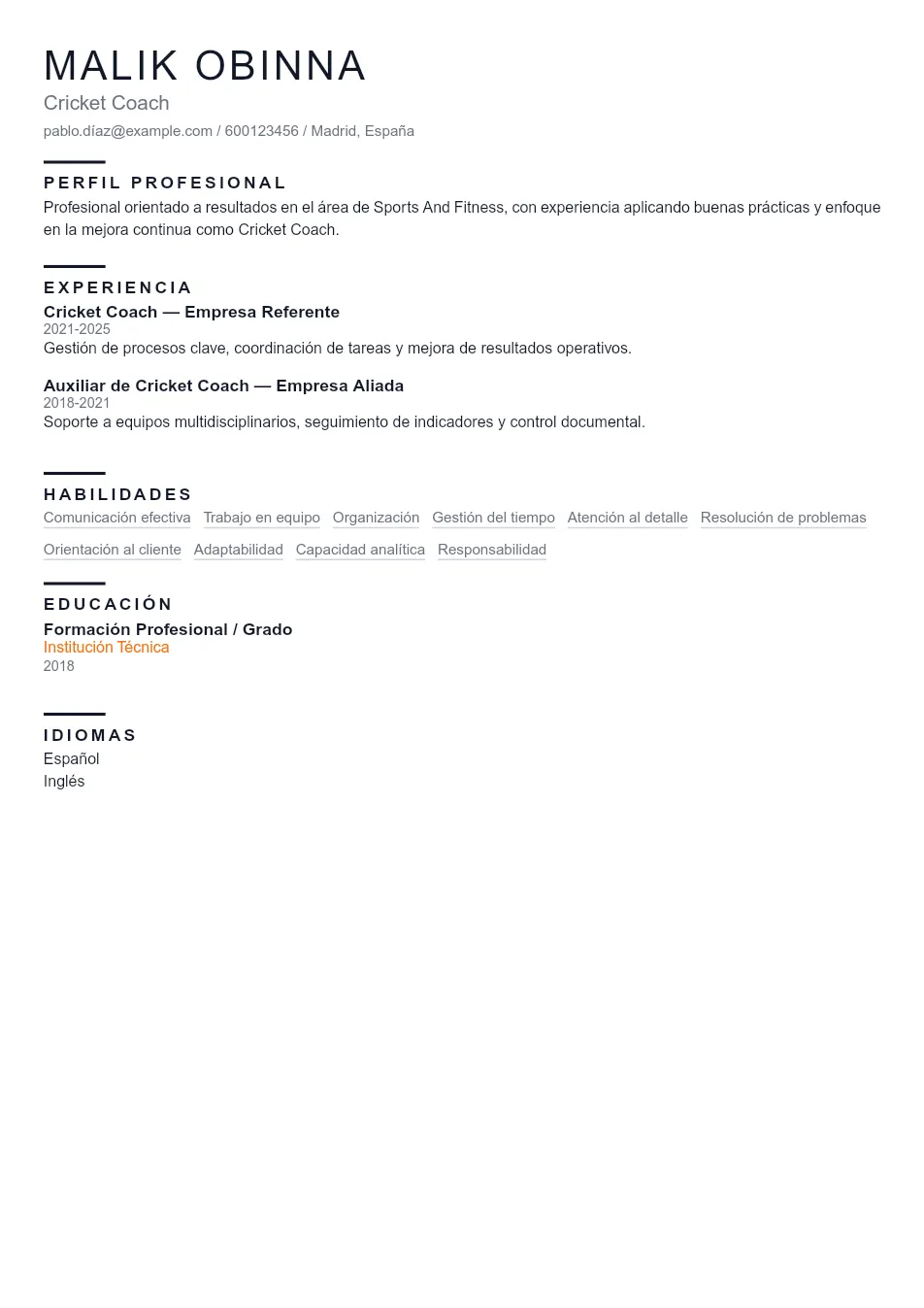 Ejemplo de CV para CV de Cricket Coach - Plantilla de currículum profesional