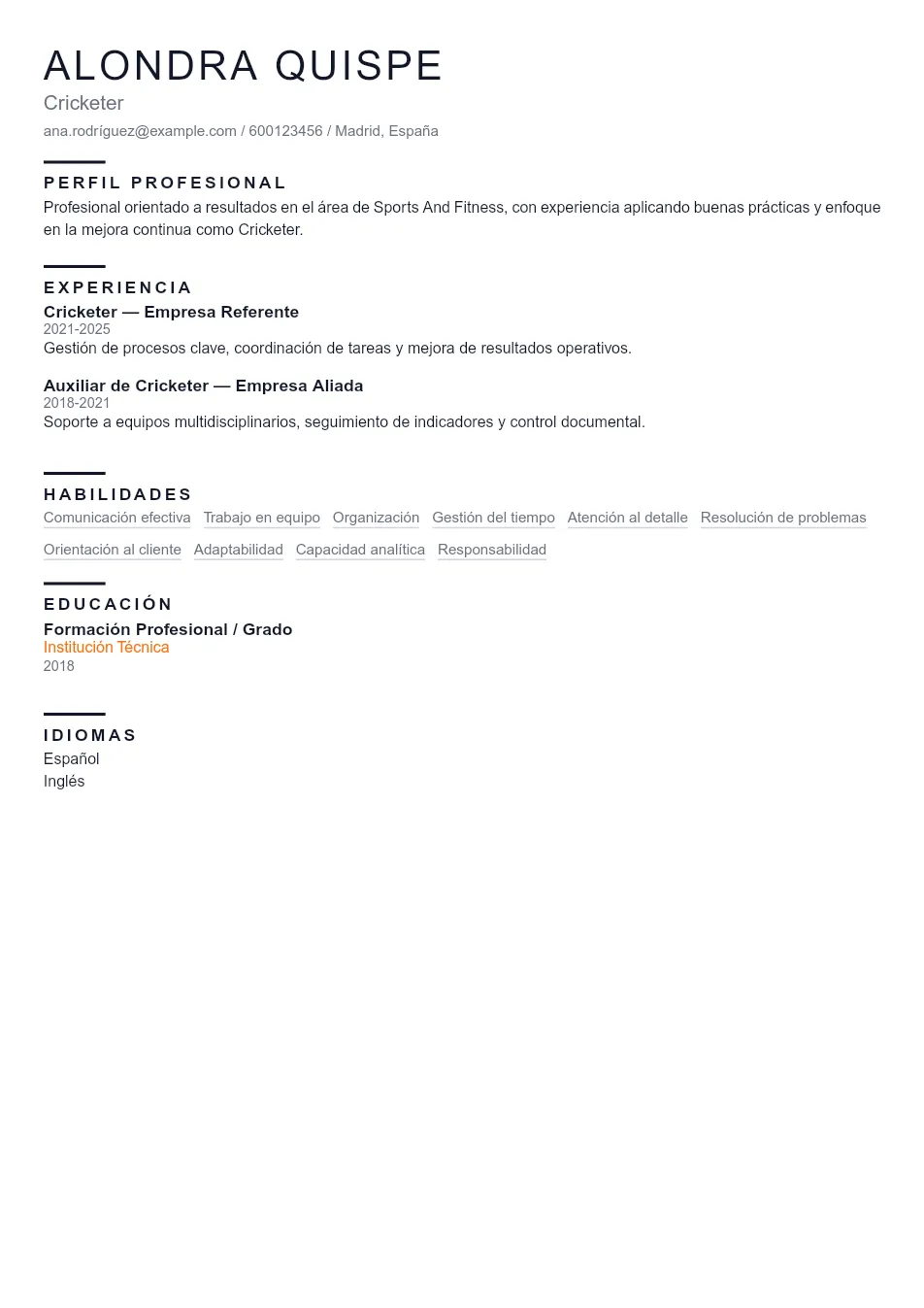 Ejemplo de CV para CV de Cricketer - Plantilla de currículum profesional