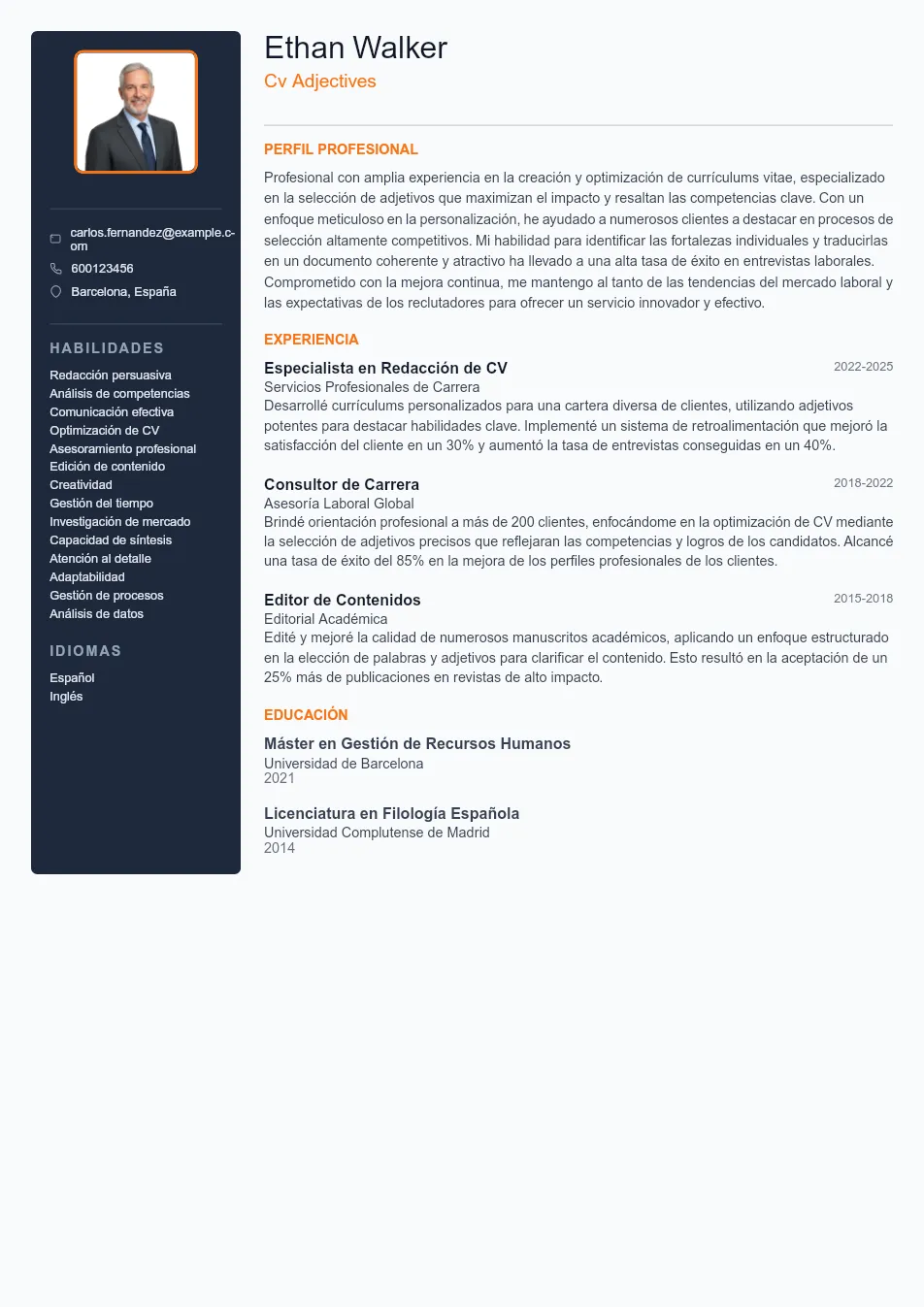Ejemplo de CV de Cv Adjectives CV Example - Professional Resume Template