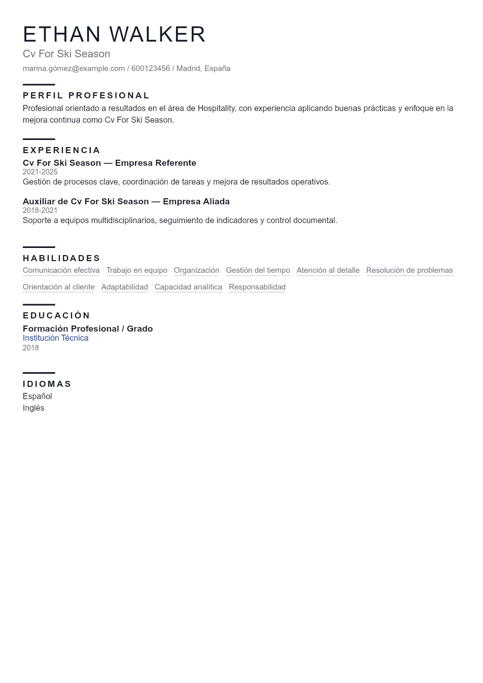 Ejemplo de CV de Cv For Ski Season CV Example - Professional Resume Template