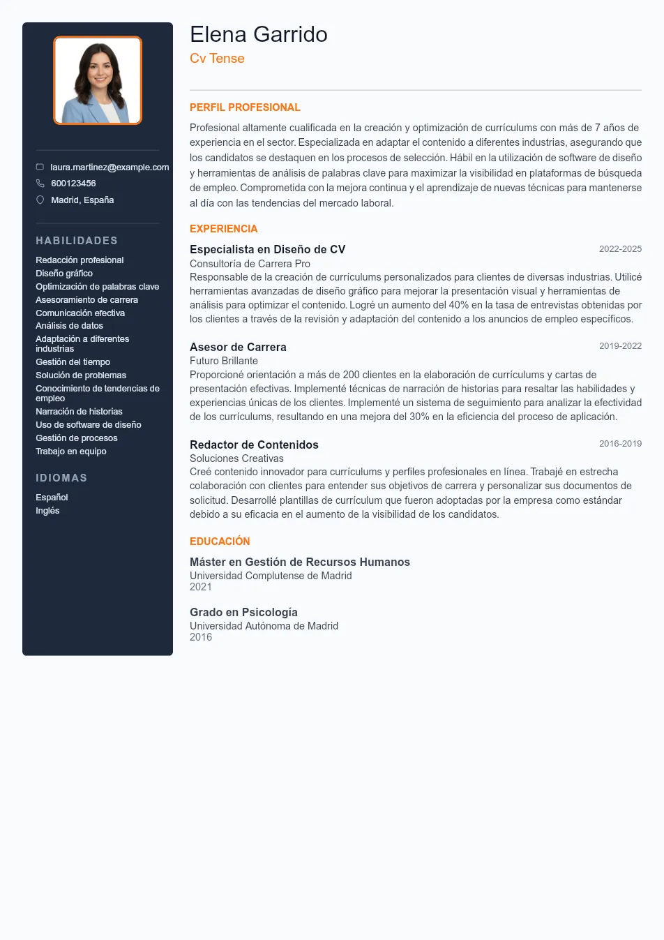 Ejemplo de CV de Cv Tense CV Example - Professional Resume Template